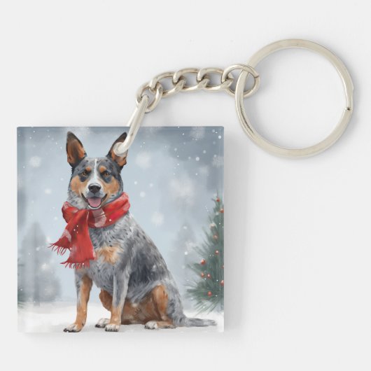 Australische vee Hond in Sneeuw Kerstmis Sleutelhanger (Achterkant)