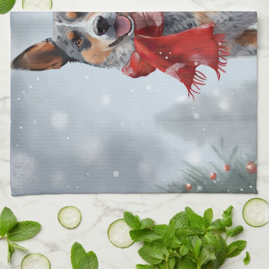 Australische vee Hond in Sneeuw Kerstmis Theedoek (Gevouwen)