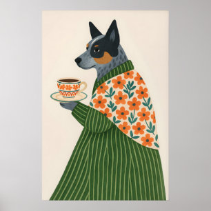 Australische veedrijvershond koffieprint, bloemrij poster