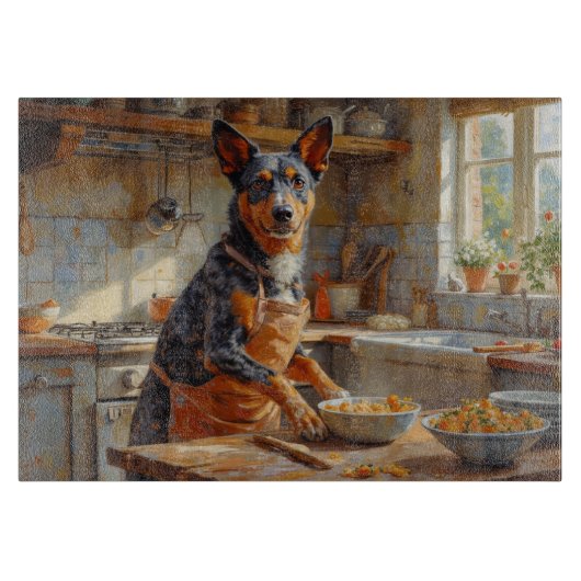 Australische Veedrijvershond Kookt in Keuken Snijplank (Voorkant)