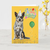 Australische veehond in een verjaardagsfeesthoed kaart (Gele Bloem)
