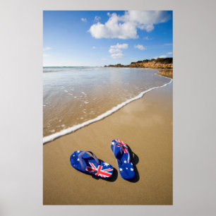 Australische vlag op strand   Zuid-Wales Poster
