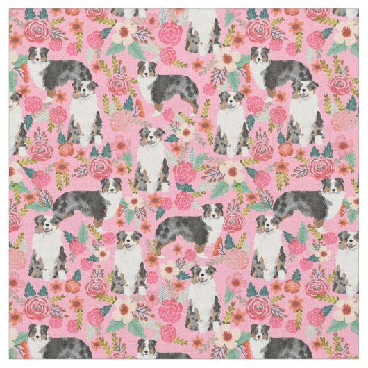 Austrarlian Shepherd dog roze  florals Stof (Close Up)