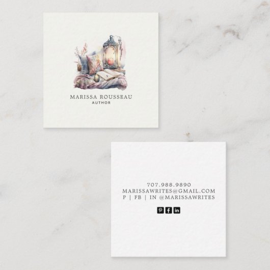 Auteur Schrijver Gezellig kaarslicht en boek Vierkante Visitekaartje (Voorkant / Achterkant)