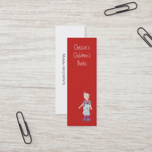 Auteur van kinderen/Speelgoed Koop uniek rood Mini Visitekaartje (Voorkant / Achterkant in situ)