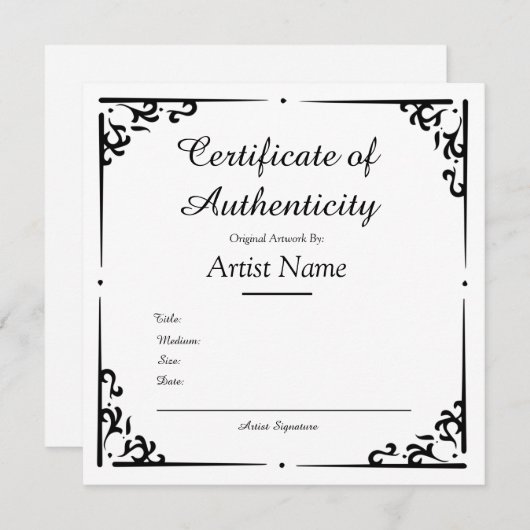   authenticiteitscertificaat voor kunst (Voorkant / Achterkant)