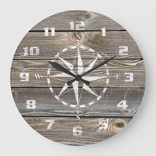 Authentiek uitziend Hout Rustic Nautical Compass Grote Klok (Voorkant)