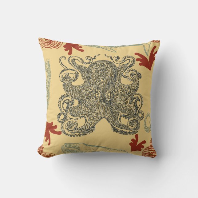 Autical Crème Octopus Zee Monster Illustratie Kussen (Voorkant)