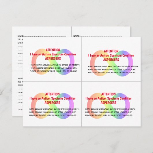  AUTISM ALERT Kaarten x 4 per kaart (Voorkant / Achterkant)