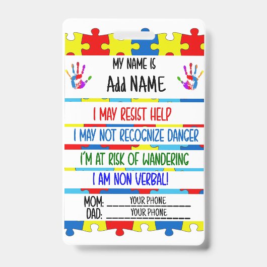 Autism Alert Nonverbal Autistic Contact Badge (Voorkant)