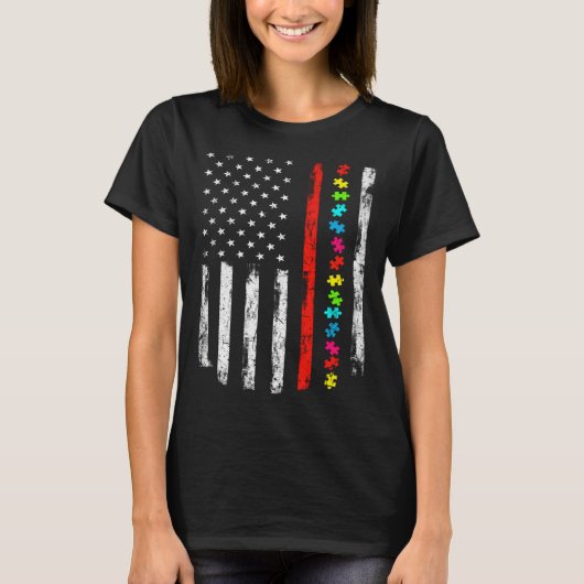 Autism Awareness 4th July Thin Red Line Firefighte T-shirt (Voorkant)