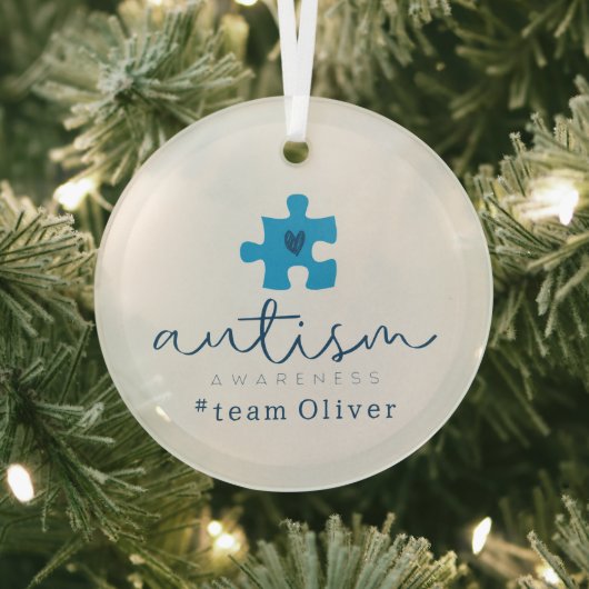 autism awareness blue puzzle piece #team name glas ornament (Insitu)