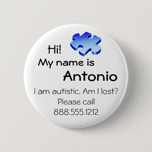 Autism Awareness Button with jouw naam and phone (Voorkant)