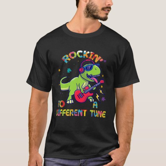 Autism Awareness Dino Rex Rockin To Different Tune T-shirt (Voorkant)