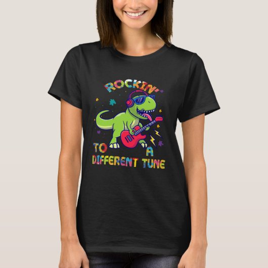 Autism Awareness Dino Rex Rockin To Different Tune T-shirt (Voorkant)