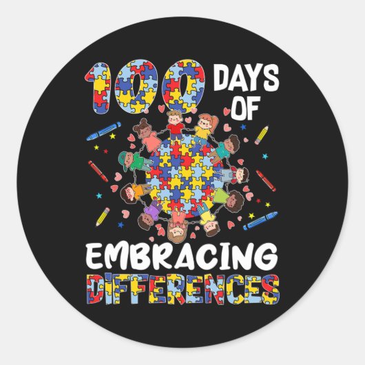 Autism Awareness Embrace Differences 100 Days Of S Ronde Sticker (Voorkant)