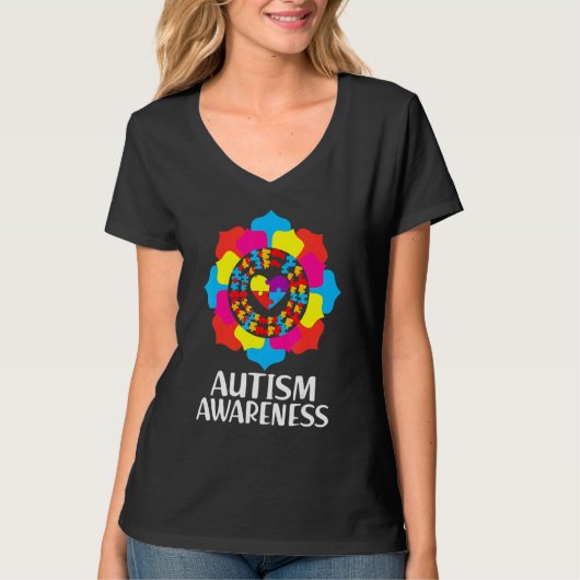 Autism Awareness Floral Heart Puzzle Piece Mam Wom T-shirt (Voorkant)