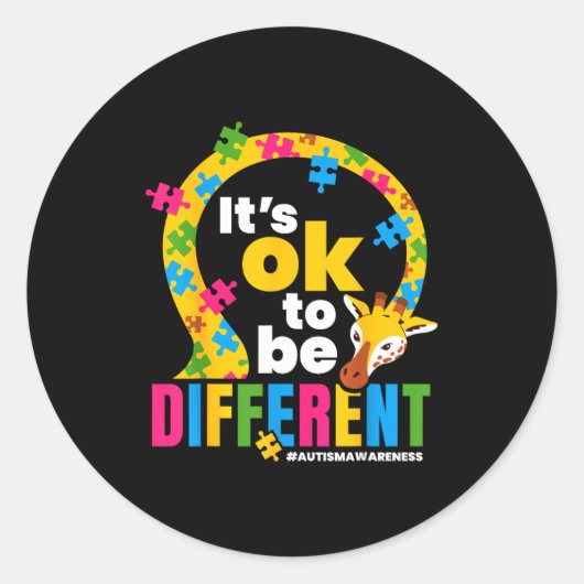 Autism Awareness Giraffe It’s Ok To Be Different G Ronde Sticker (Voorkant)