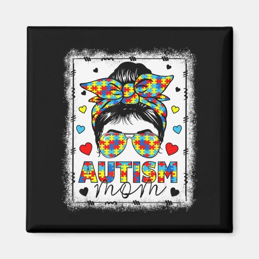 Autism Awareness Mom Life Messy Bun Bleached Mothe Magneet (Voorkant)