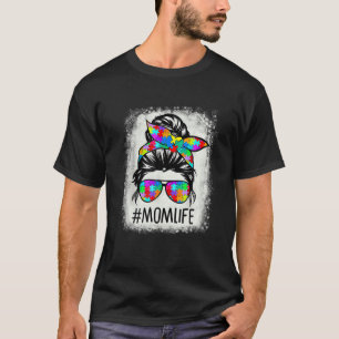 Autism Awareness Momlife Messy Bun Puzzle Beaching T-shirt