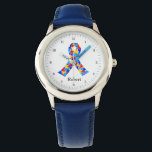 Autism Awareness Ribbon Personalized Blue Kinder Horloge<br><div class="desc">Mooie autisme lint gevuld met puzzelstukjes in blauw. Een  autisme bewustzijn,  gepersonaliseerd kinder horlogecadeau. Monogram met de naam van je kind.</div>