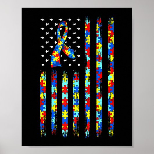 Autism Awareness Shirt American Flag Ribbon Puzzle Poster (Voorkant)