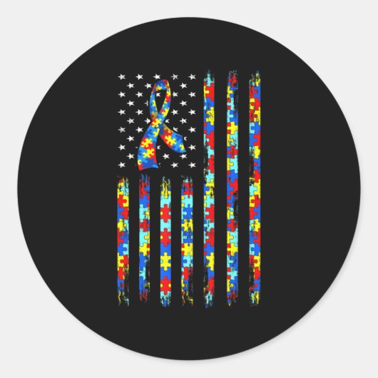 Autism Awareness Shirt American Flag Ribbon Puzzle Ronde Sticker (Voorkant)