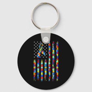 Autism Awareness Shirt American Flag Ribbon Puzzle Sleutelhanger