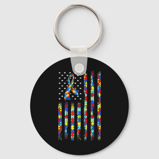 Autism Awareness Shirt American Flag Ribbon Puzzle Sleutelhanger (Voorkant)