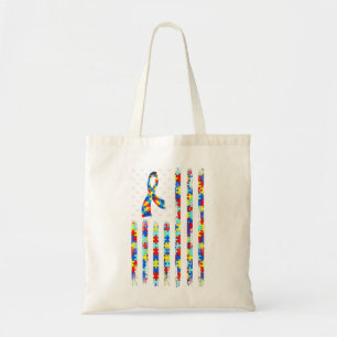 Autism Awareness Shirt American Flag Ribbon Puzzle Tote Bag