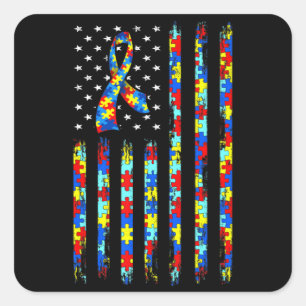 Autism Awareness Shirt American Flag Ribbon Puzzle Vierkante Sticker