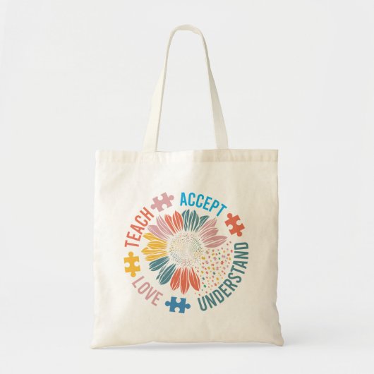 Autism Awareness Sunflower "Teach Love Accept" Tote Bag (Voorkant)