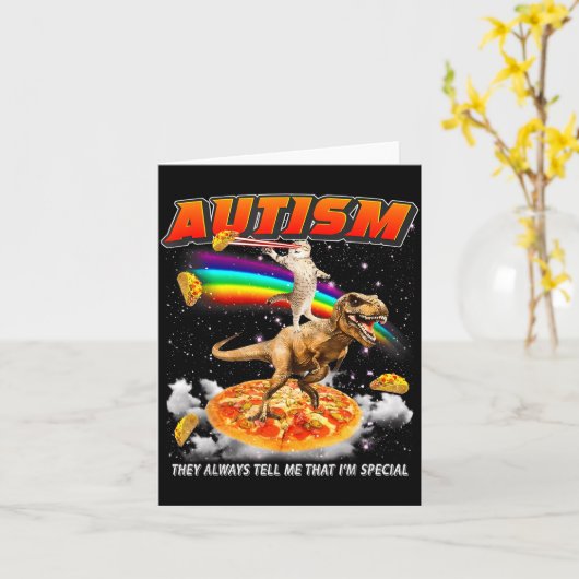 Autism Awareness T-rex Cat Meme Neurodiversity Pri Kaart (Gele Bloem)