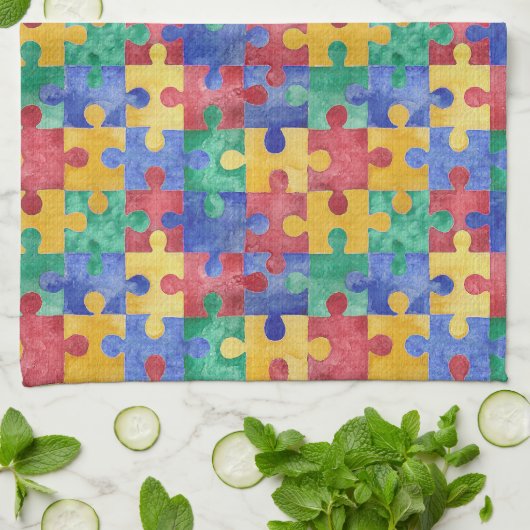 Autism Awareness waterverf puzzle keukenhanddoek (Gevouwen)