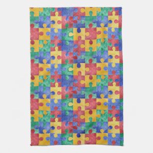 Autism Awareness waterverf puzzle keukenhanddoek
