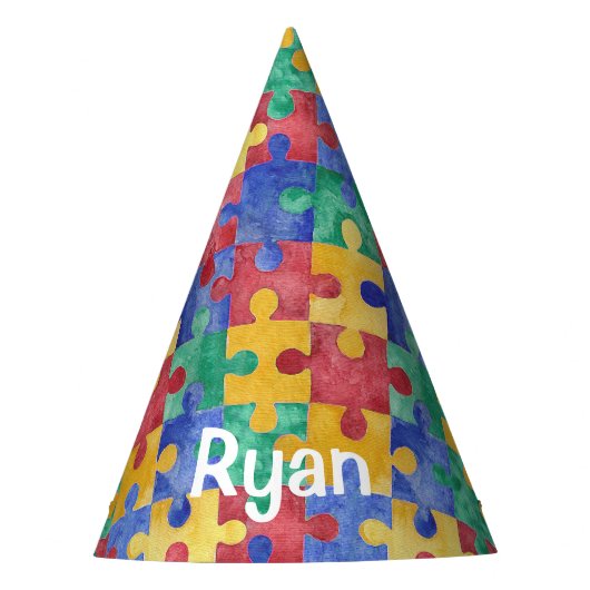 Autism Awareness waterverf puzzle pet Feesthoedjes (Voorkant)