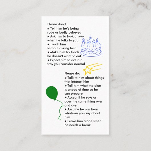 Autism Birthday Boy Visitekaartje (Achterkant)
