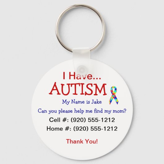 Autism Child ID Zipper Pull (Changeble-tekst) Sleutelhanger (Voorkant)