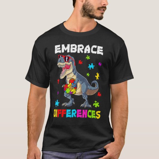 Autism Embrace Differences Dinosaur Rex Kids Cute T-shirt (Voorkant)