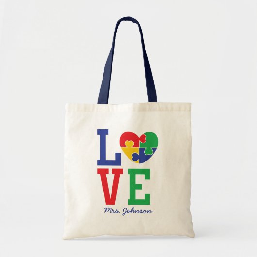 Autism Love | Cute Puzzle Piece Heart Teacher Tote Bag (Voorkant)
