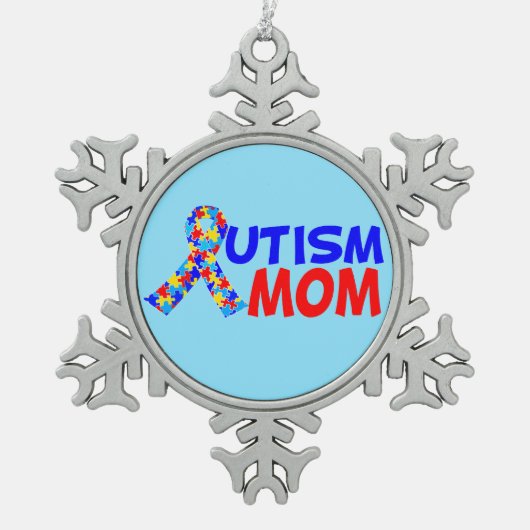 Autism mam Blue Red Awareness Ribbon Tin Sneeuwvlok Ornament (Voorkant)