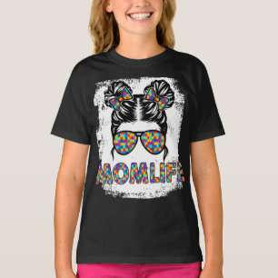 Autism Mam Life Messy Bun Sunbril Bandana Mothe T-shirt