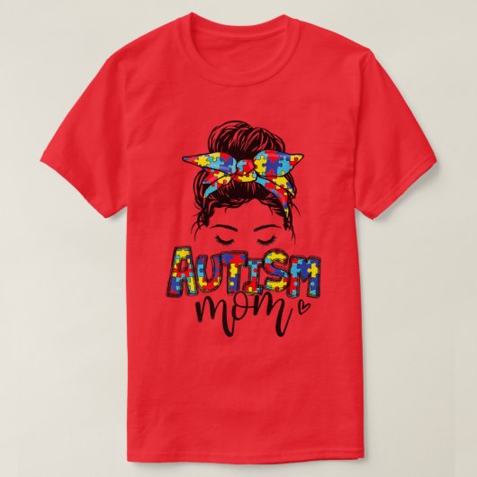 Autism Mam Messy Bun Hair Autism Awareness Puzzle T-shirt (Design voorkant)
