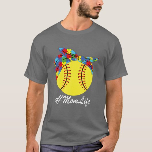Autism Mam Softball Messy Bun Autism Awareness T-shirt (Voorkant)