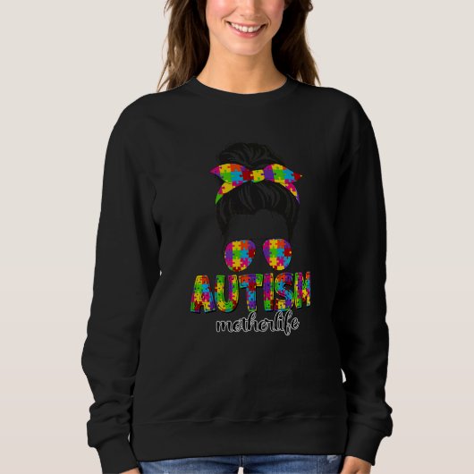 Autism Moeder Messy Bun Puzzle Sunbril Motheru2 Trui (Voorkant)