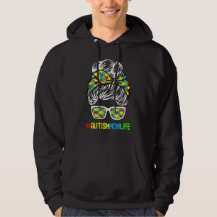 Autism Mom Life Awareness Messy Bun Puzzle Piece M Hoodie