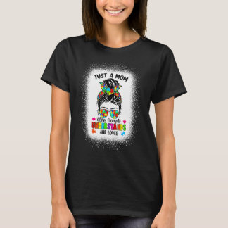Autism Mom Life Awareness Messy Bun Puzzle Piece M T-shirt