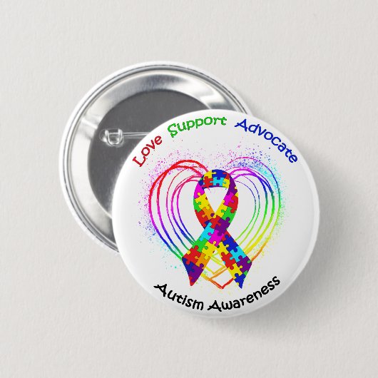 Autism Ribbon op hart: Ronde Button 5,7 Cm (Voorkant /achterkant)