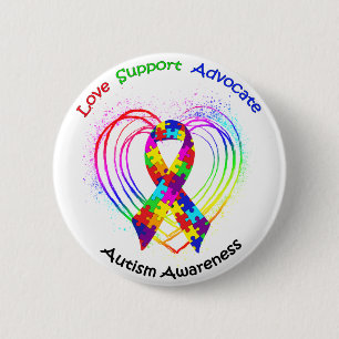 Autism Ribbon op hart: Ronde Button 5,7 Cm