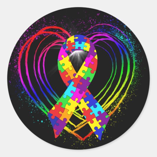 Autism Ribbon op hart: Ronde Sticker (Voorkant)